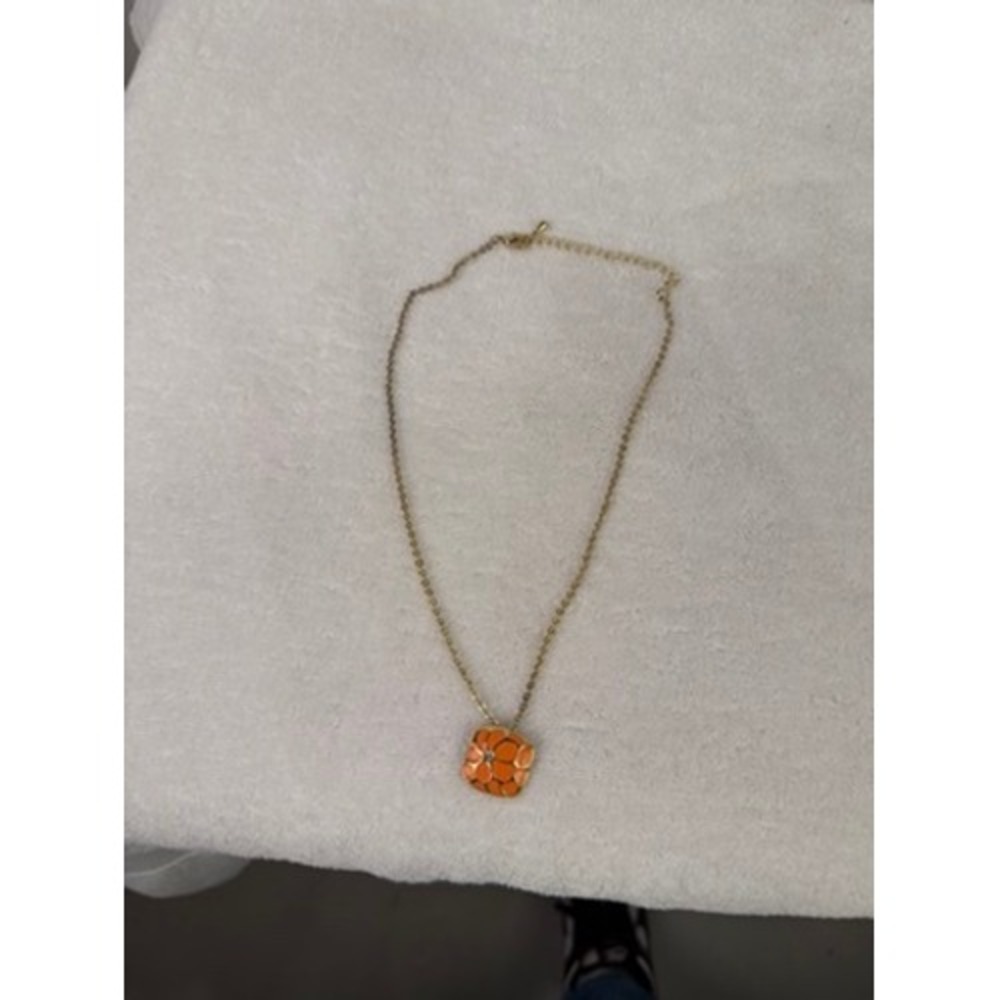 Orange Enamel Flower Square Pendant Gold‎ Tone Necklace Rhinestone Center Floral